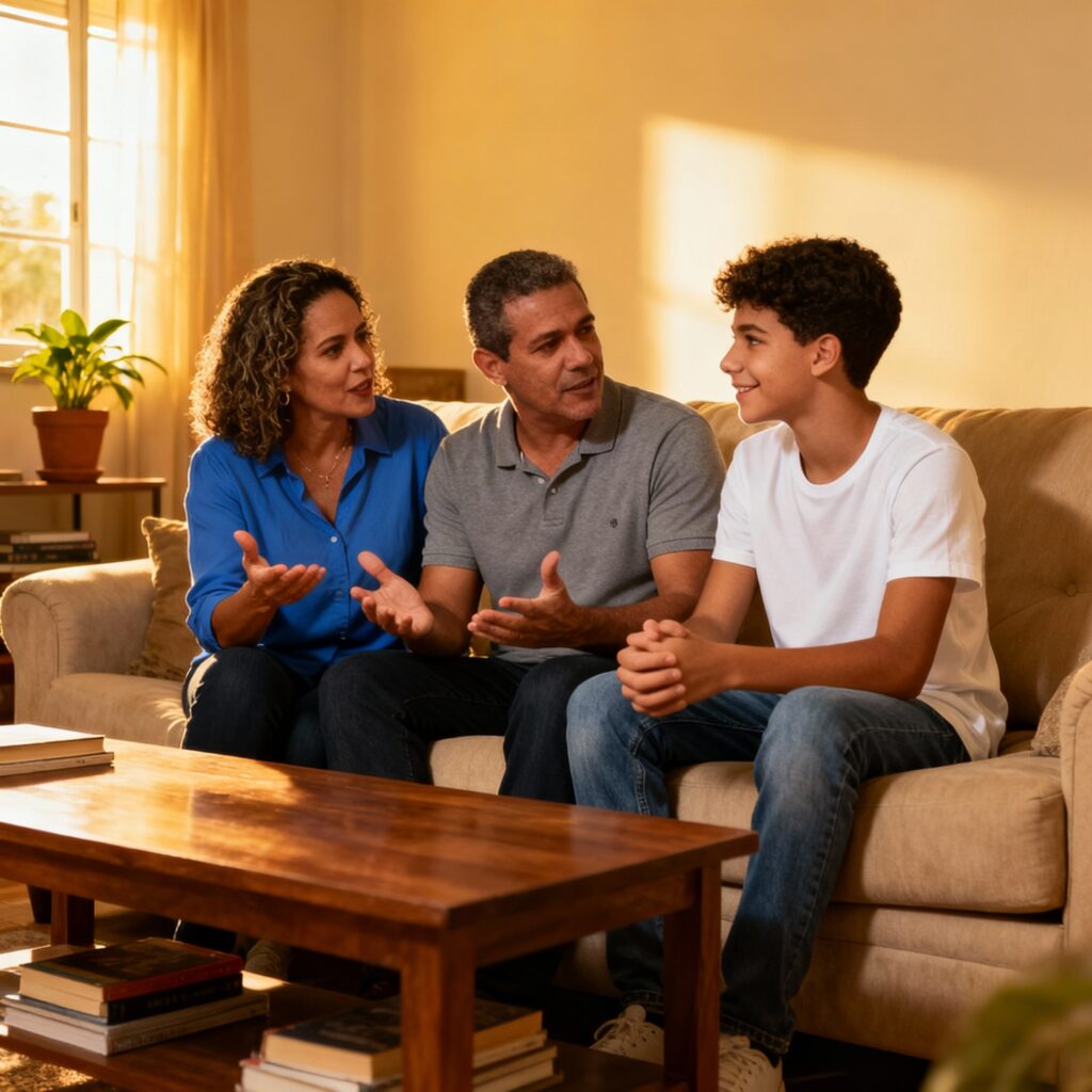 Família brasileira conversando com adolescente sobre prevenção ao uso de drogas em casa