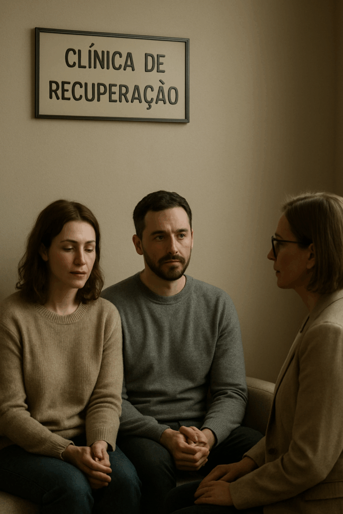 Pais e terapeuta, de olhos abertos, mediando decisão de internação involuntária em clínica de recuperação