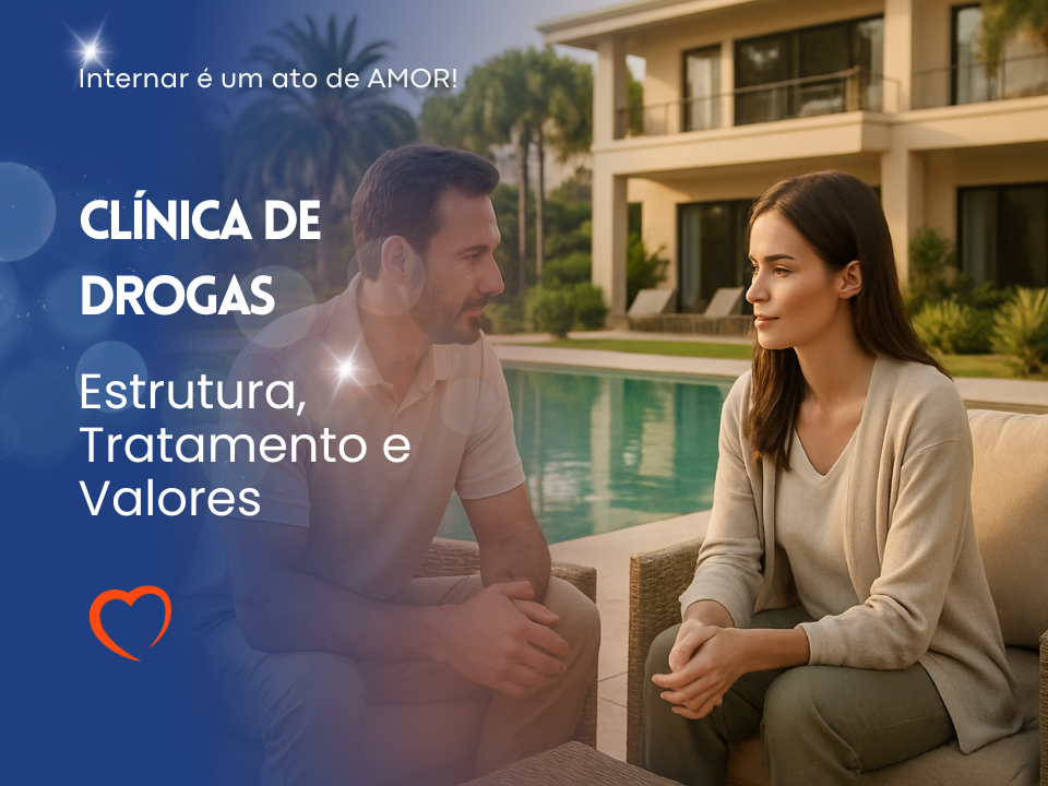 Terapeuta e paciente em clínica de drogas de alto padrão tipo resort com piscina e área verde, ambiente premium para internação segura