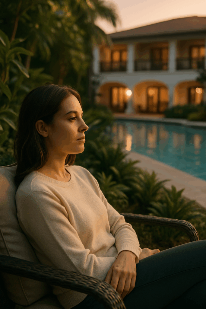Paciente em clínica de drogas de alto padrão tipo resort em área verde com piscina, transmitindo bem-estar e recuperação segura