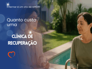 Paciente e terapeuta conversando na área externa da clínica, perto da piscina e vegetação, com expressões serenas e atentas