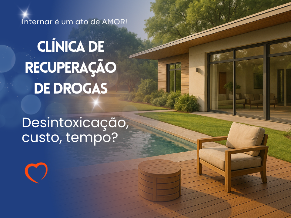 Clínica de recuperação de drogas de alto padrão com piscina, deck de madeira, poltronas e ampla área verde em estilo resort