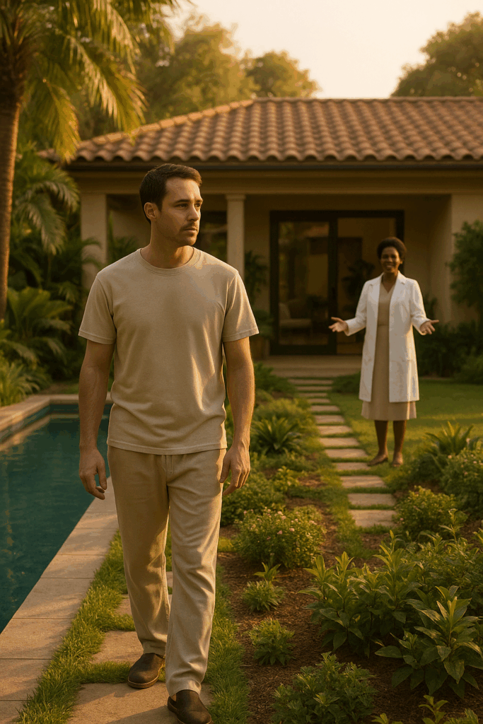 Paciente caminhando em jardim de clínica de recuperação de drogas estilo resort, com terapeuta ao fundo e área verde ao lado da piscina