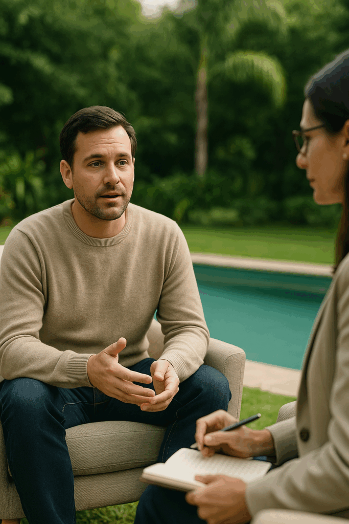 Paciente com olhos abertos conversando com terapeuta em poltronas na área externa da clínica, com jardim e piscina ao fundo