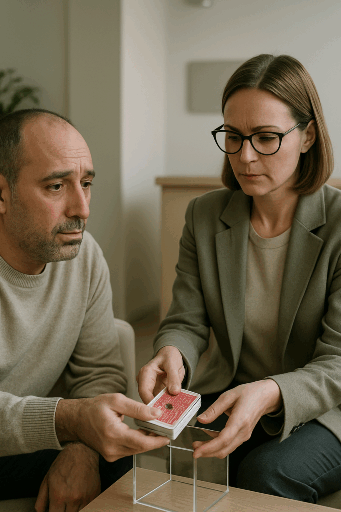 Paciente entregando baralho de pôquer ao terapeuta para guarda em clínica, com expressão serena e ambiente acolhedor